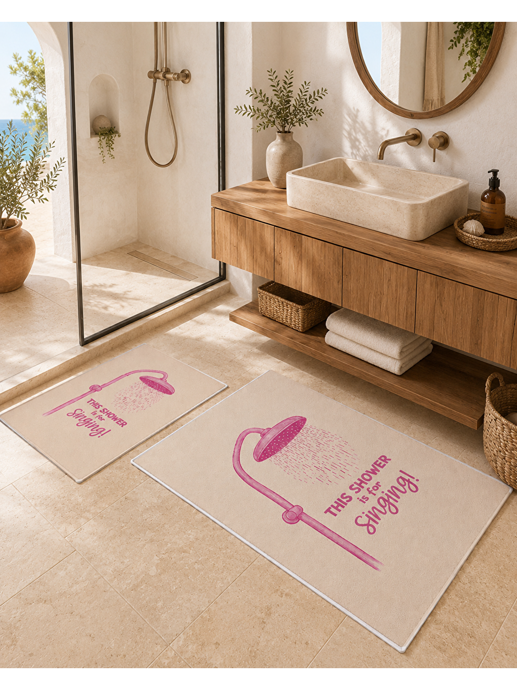 Pembe Duş Temalı Desenli Banyo Paspası Dot Taban Üstü Kadife-6