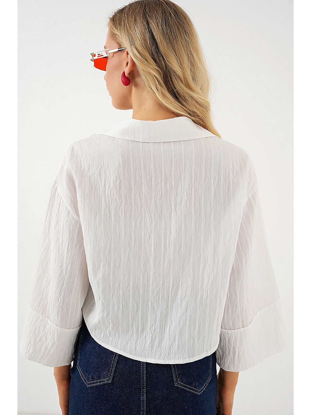 Kadın Çizgili Oversize Kısa Gömlek 20326 - Beyaz-5