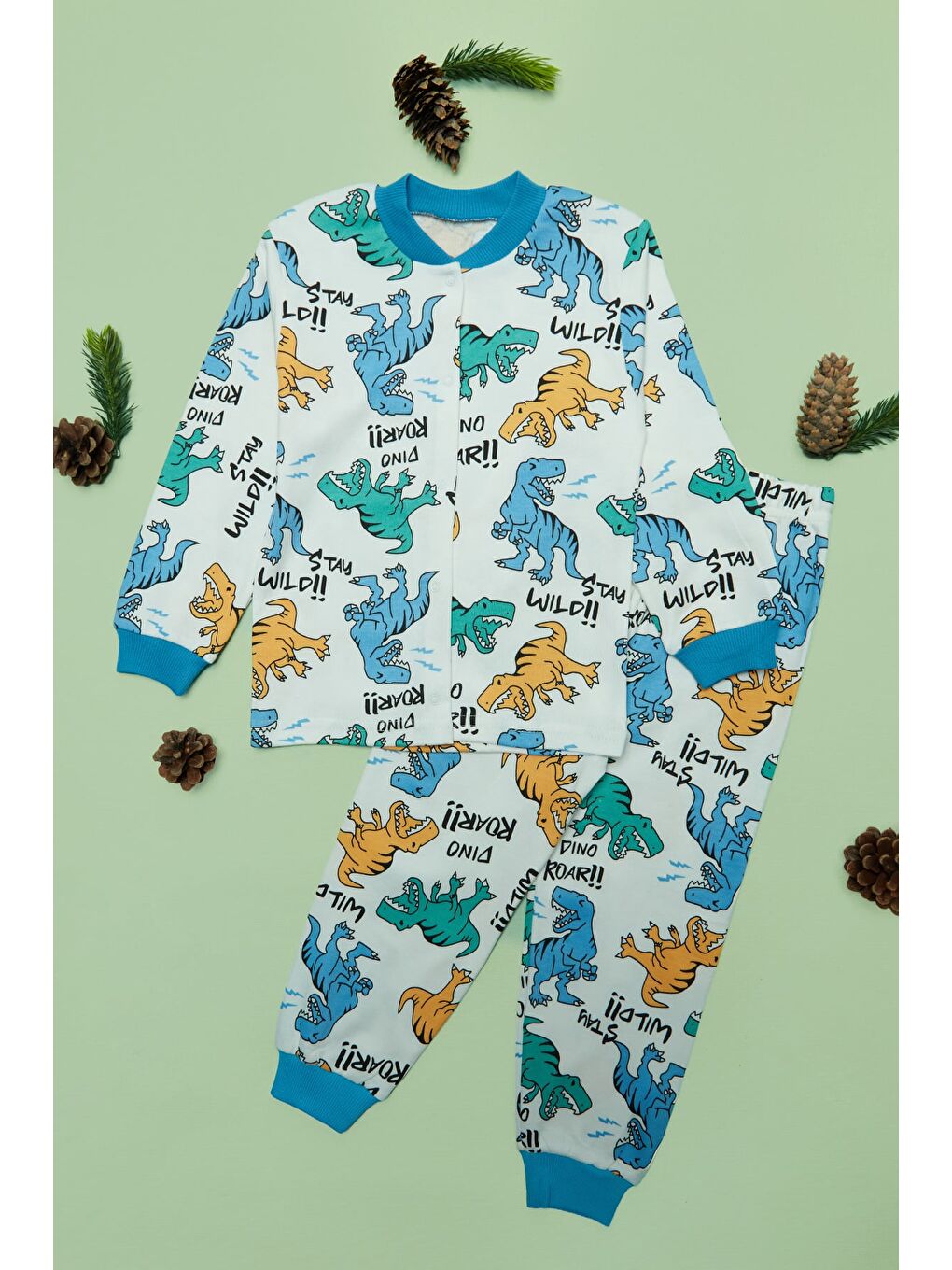 Mavi %100 Pamuk Hayvan Baskılı Çıtçıtlı Erkek Çocuk Pijama Takımı-2