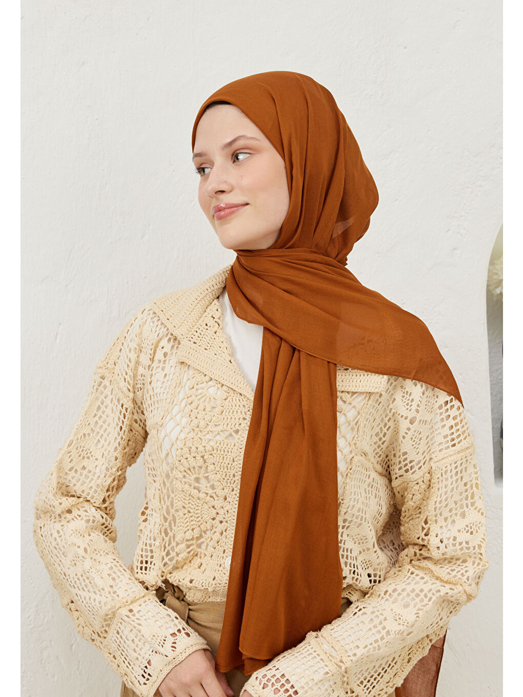 Kahverengi Rami Viskon Şal Kiremit-4
