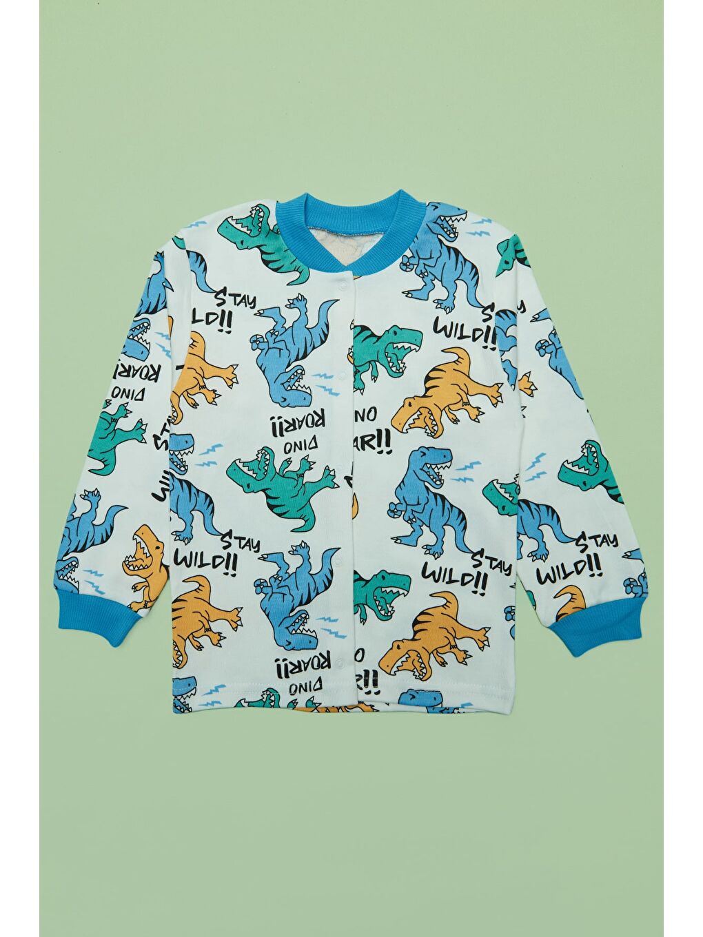 Mavi %100 Pamuk Hayvan Baskılı Çıtçıtlı Erkek Çocuk Pijama Takımı-3