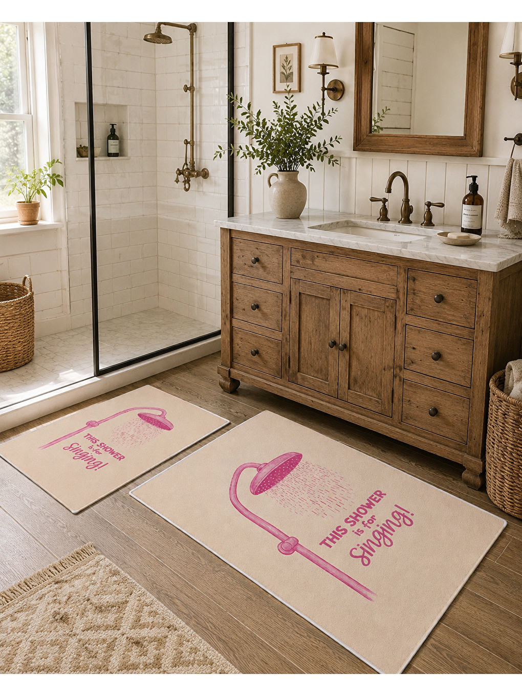 Pembe Duş Temalı Desenli Banyo Paspası Dot Taban Üstü Kadife-7