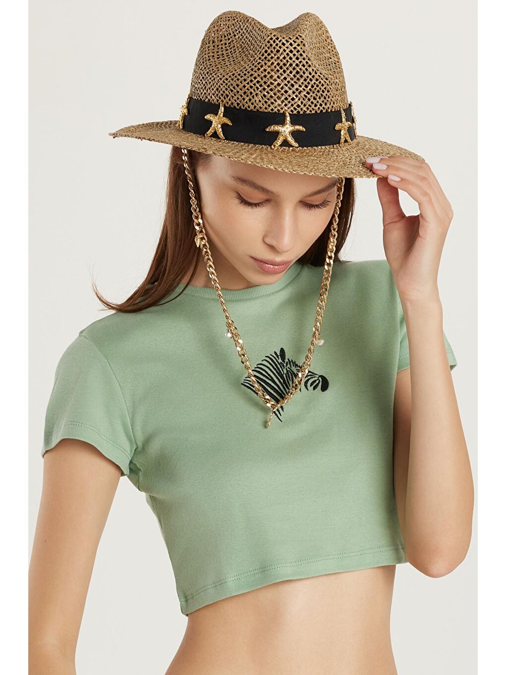 Yeşil Kadın Slim Fit Dar Kesim %100 Pamuk Bisiklet Yaka Baskılı Haki Crop Tişört