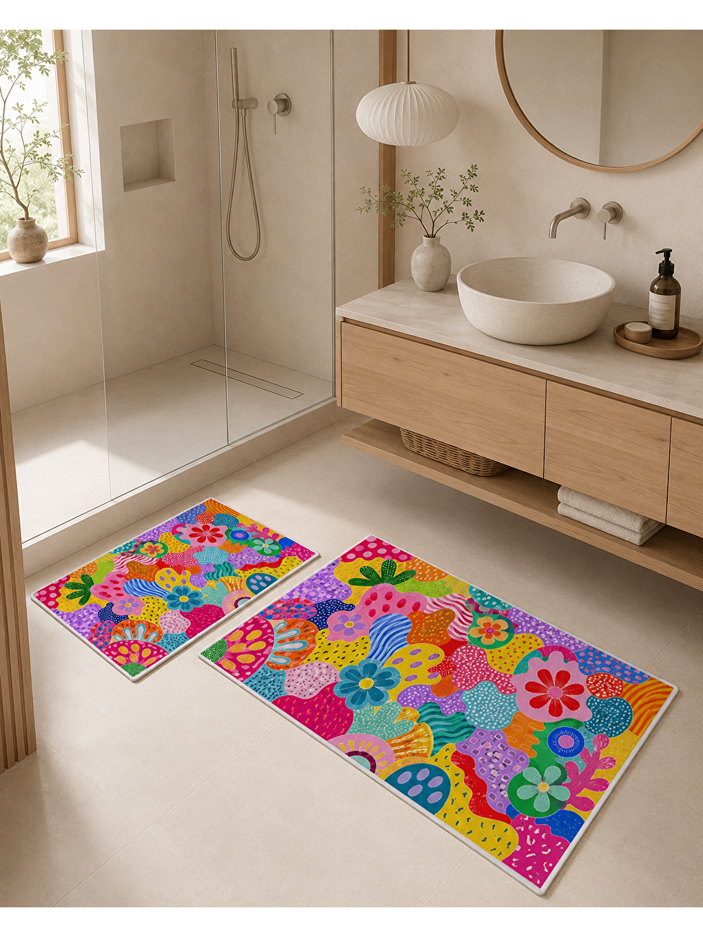 Karışık Renkli Çiçek Desenli Banyo Paspası Dot Taban Üstü Kadife-4