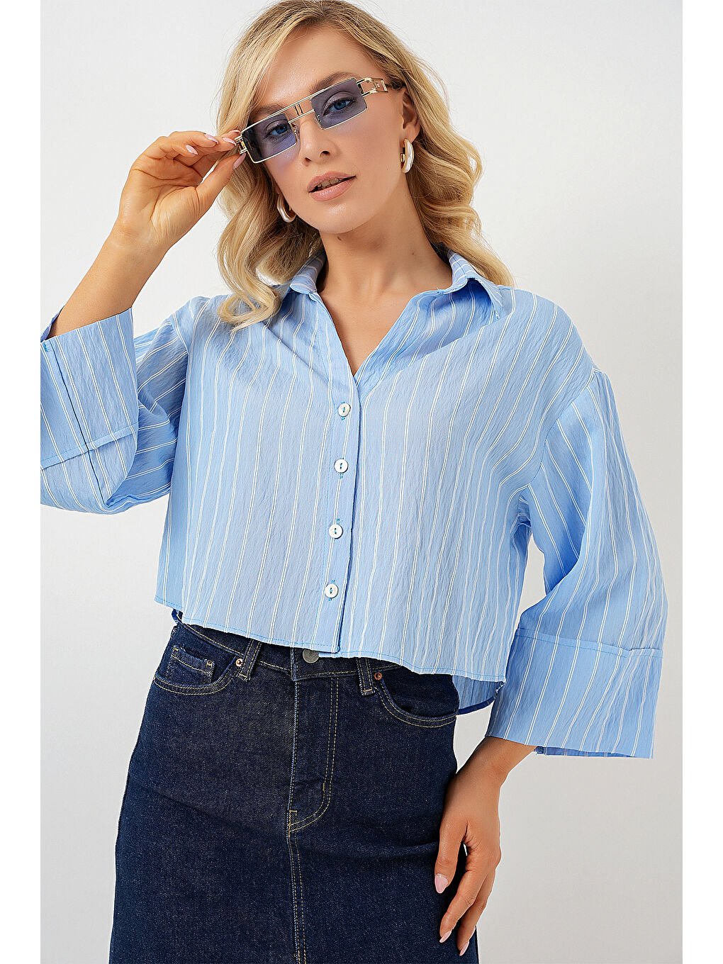 Kadın Çizgili Oversize Kısa Gömlek 20326 - Mavi