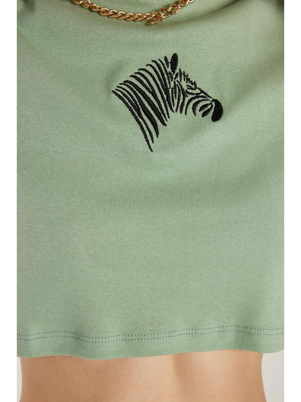 Yeşil Kadın Slim Fit Dar Kesim %100 Pamuk Bisiklet Yaka Baskılı Haki Crop Tişört-1