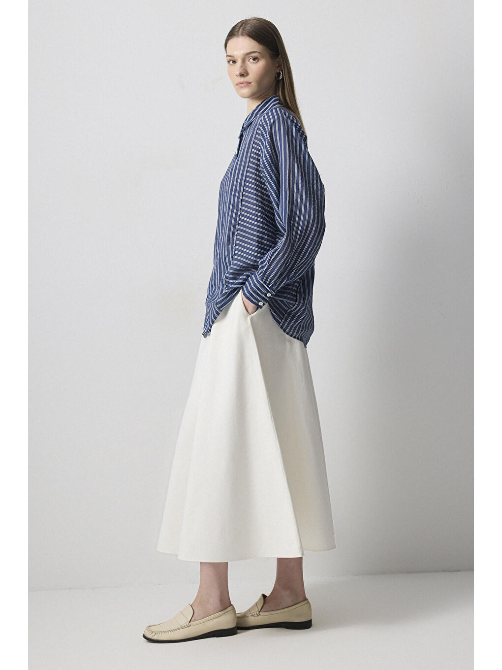 Lacivert Çizgili Viskon Gömlek-2