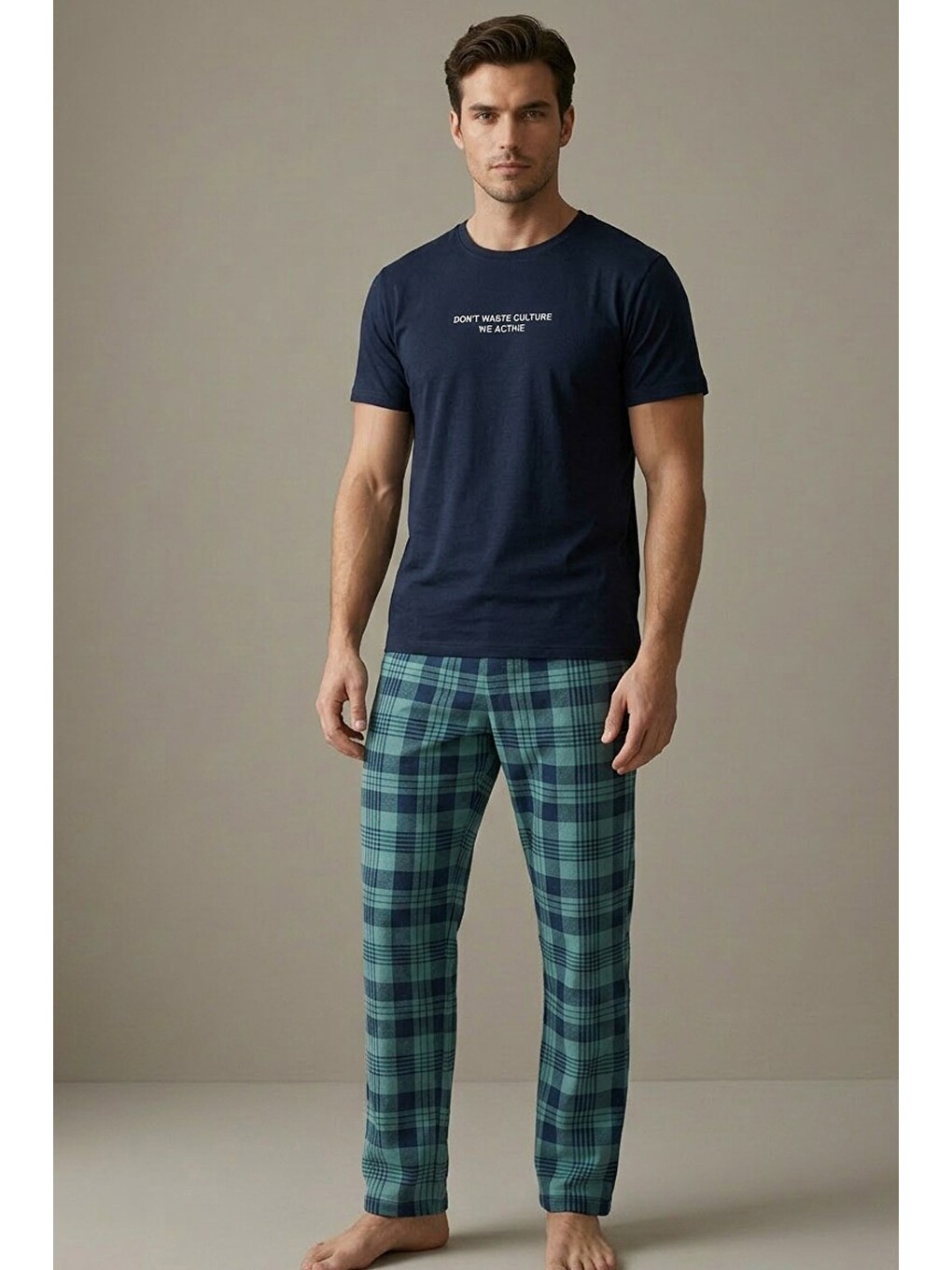 Lacivert Örme Kısa Kollu Pijama Takım 8006-1