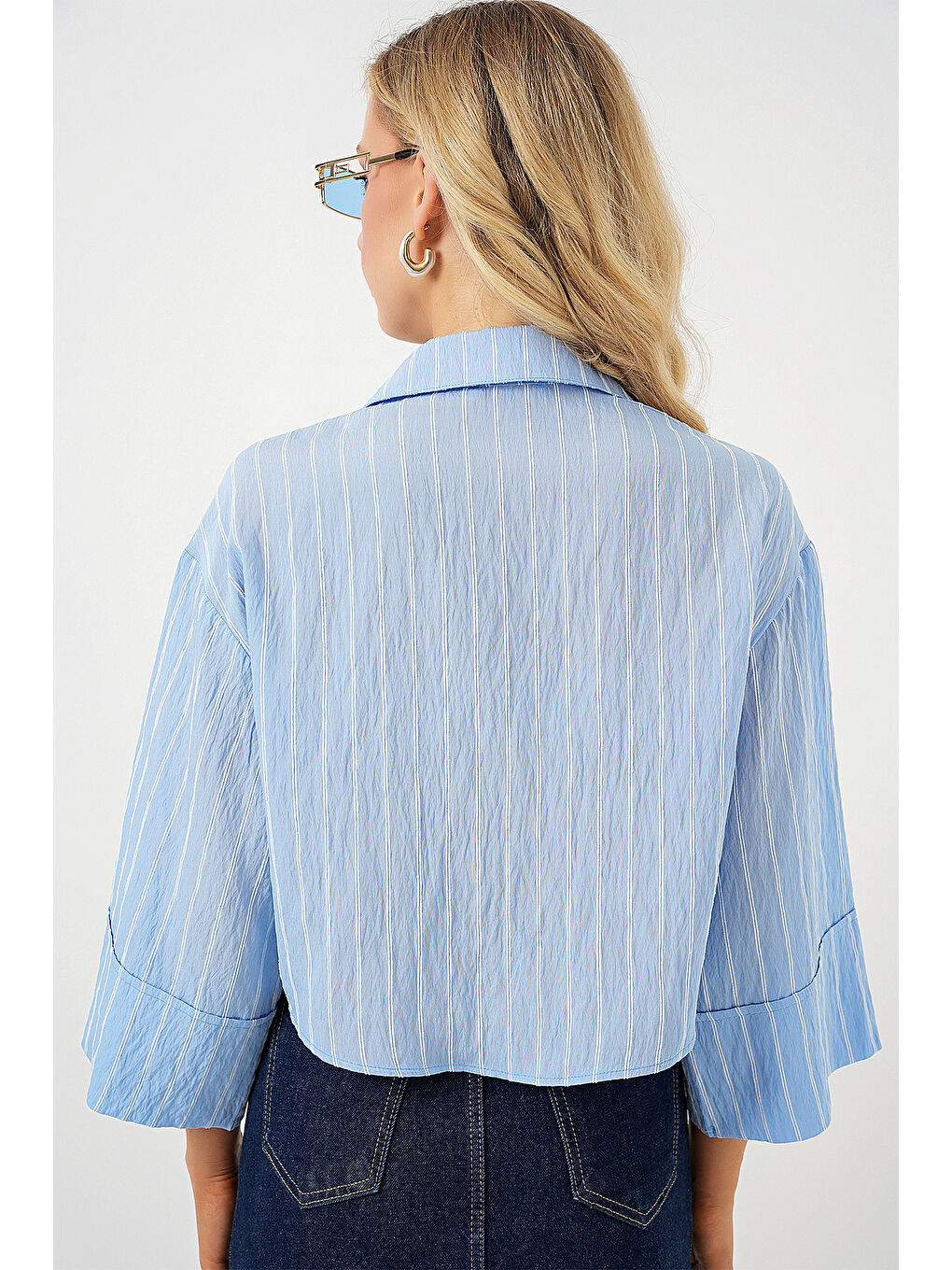 Kadın Çizgili Oversize Kısa Gömlek 20326 - Mavi-5
