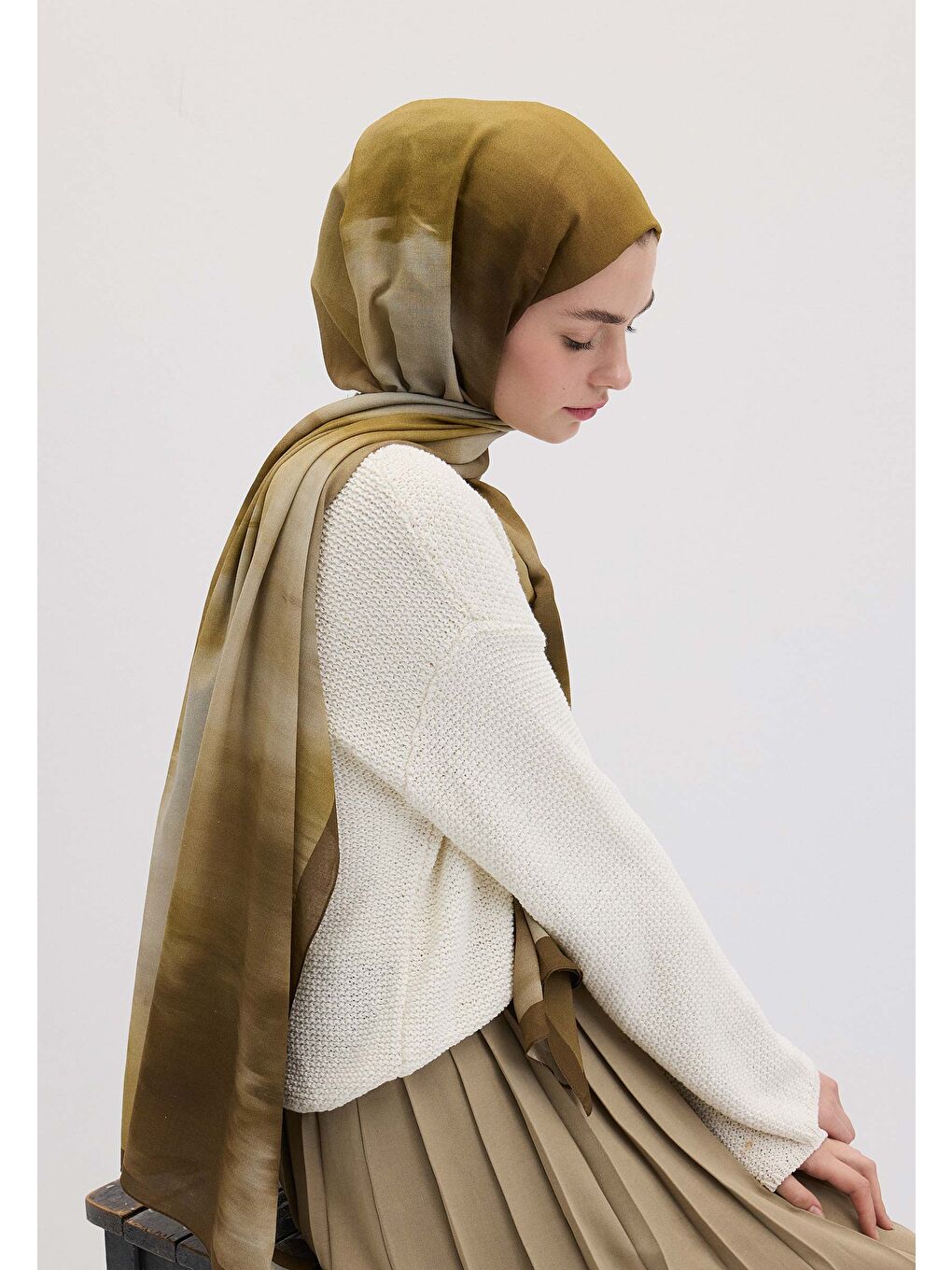 Batık Desen Şal Zeytin Yeşili-1