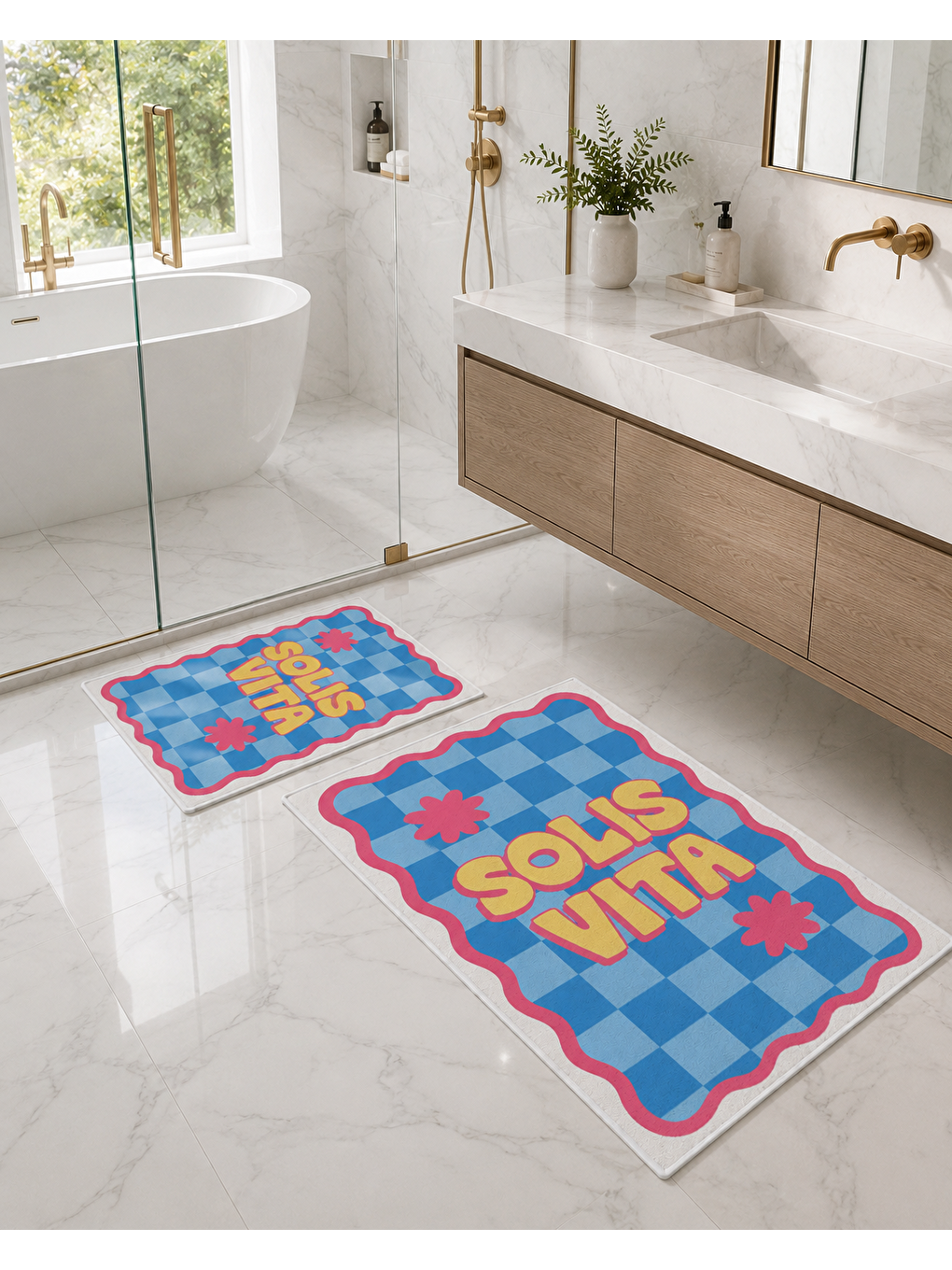 Mavi Pembe Retro Soul Yazılı Banyo Paspası Dot Taban Üstü Kadife-7