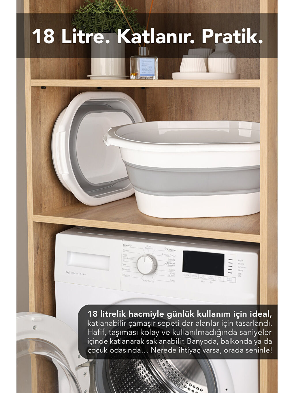 Gri 3'lü Katlanır Çamaşır Sepeti 18 l-2