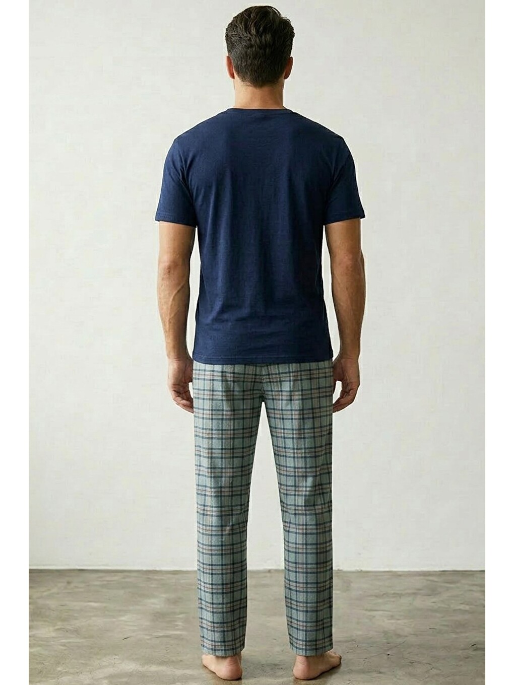 Lacivert Laci̇vert Ekose Desenli Baskılı Örme Kısa Kollu Pijama Takım 8004-2