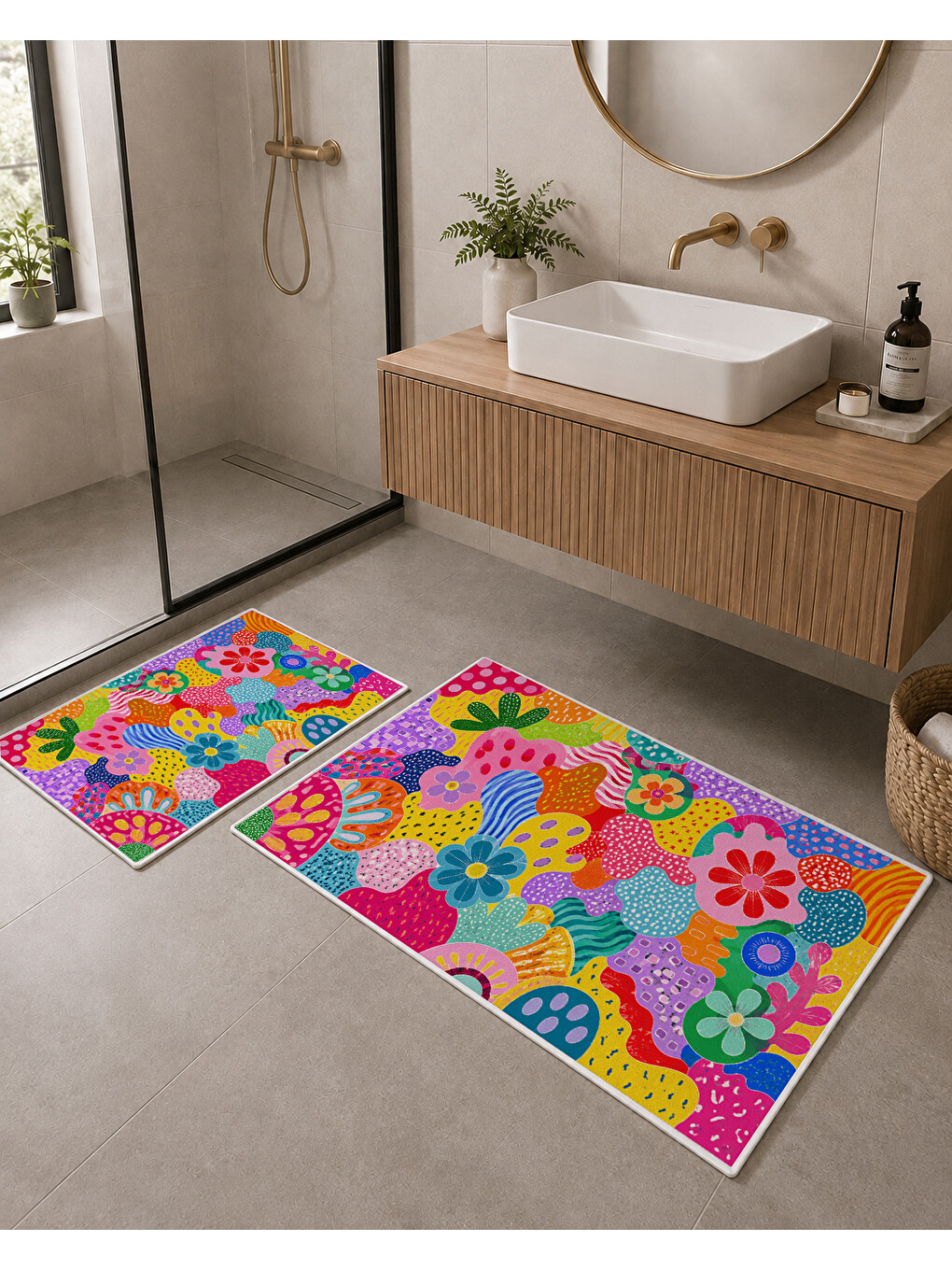Karışık Renkli Çiçek Desenli Banyo Paspası Dot Taban Üstü Kadife-5
