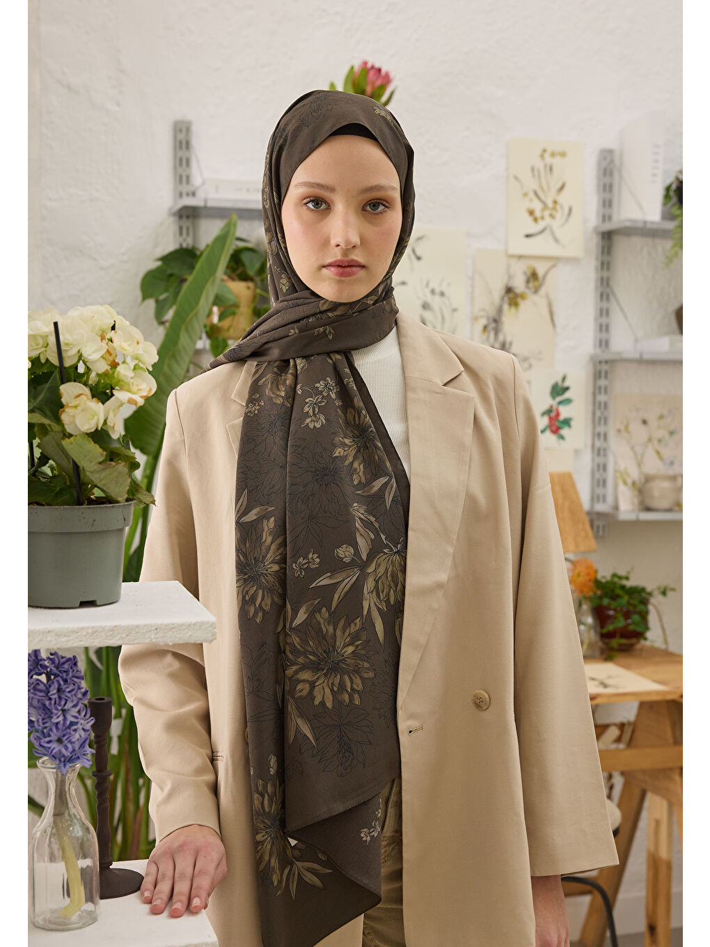 Kahverengi Aster Desen Şal Koyu Kahve-1