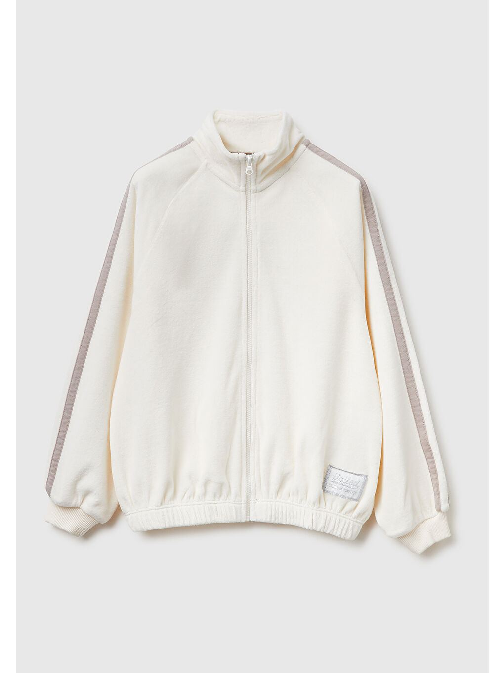 Kız Çocuk Ekru Logo Etiketli Fermuarlı Reglan Kol Dik Yaka Sweatshirt