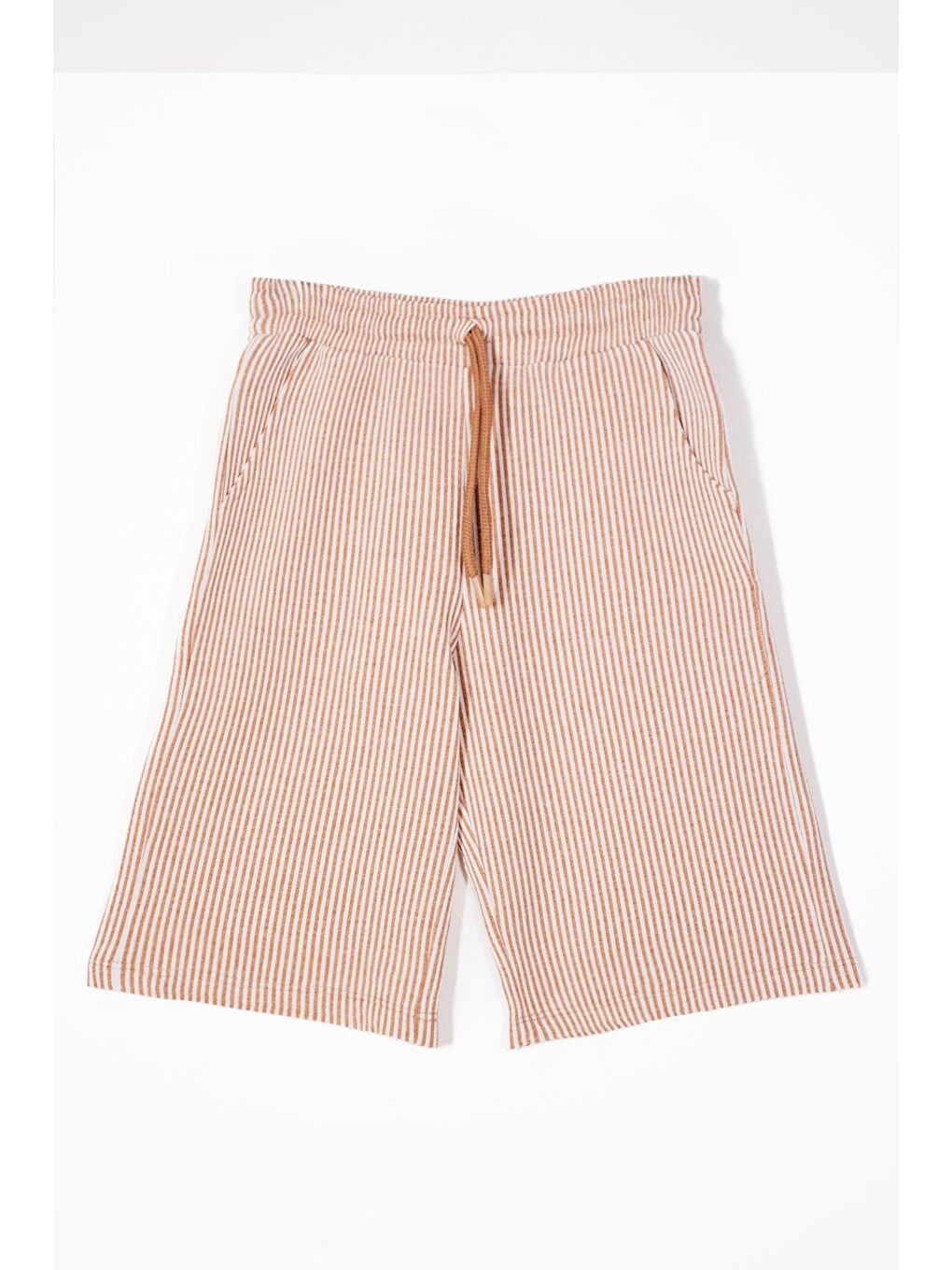 Bej Beli Lastikli Cep Detaylı Çizgili Vizon Renk Erkek Çocuk Şort