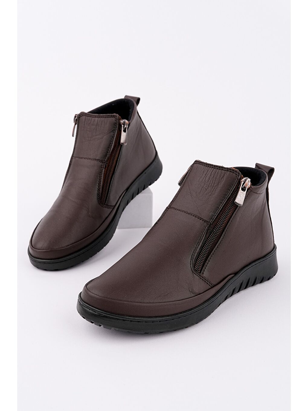 Kahverengi FENİKS Hakiki Deri Çift Fermuarlı Kadın Bot-1