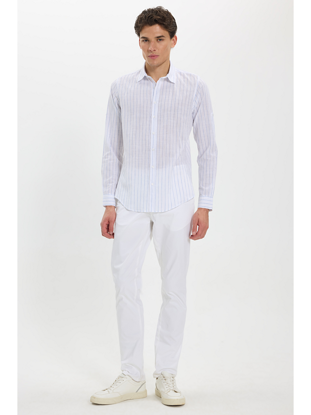 Mavi Erkek Slim Fit Dar Kesim Uzun Kollu %100 Pamuk Keten Doku Çizgili Gömlek-1