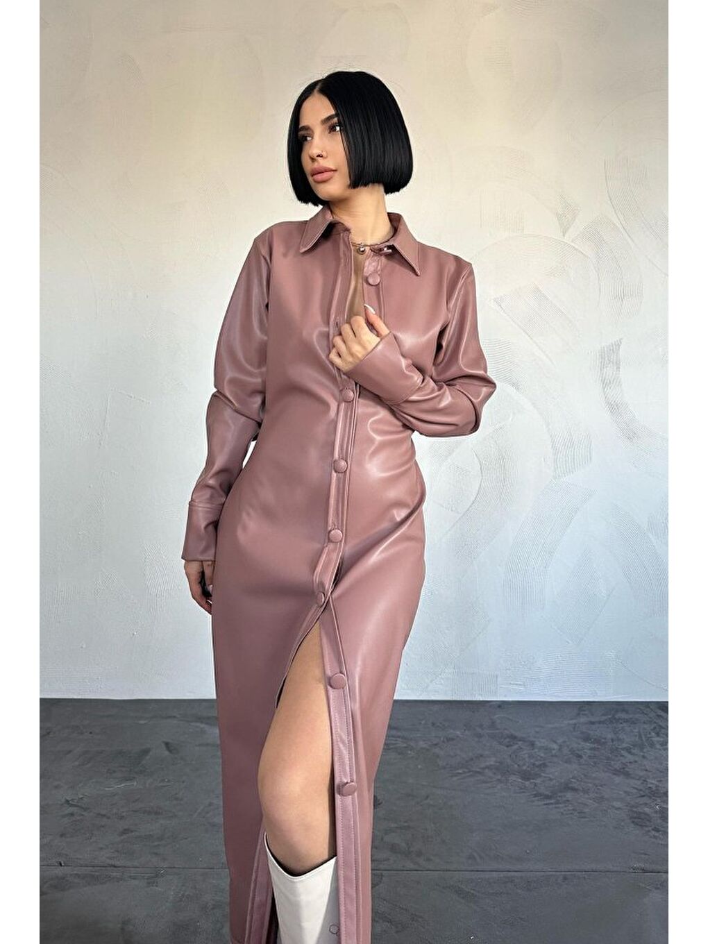 Pembe Pudra Boydan Düğmeli Deri Elbise-1