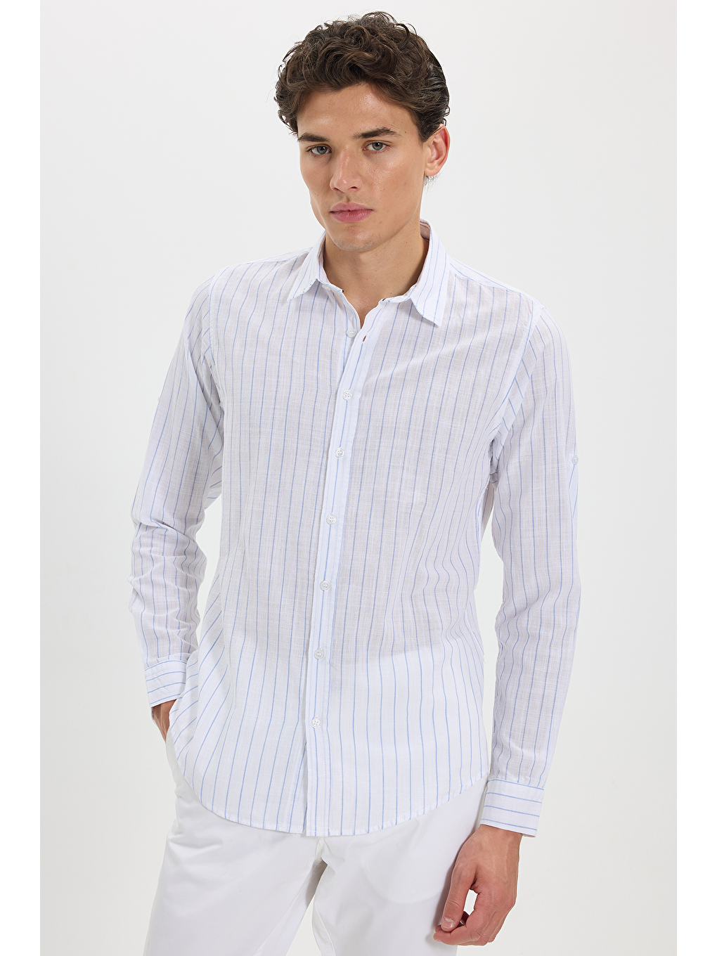 Mavi Erkek Slim Fit Dar Kesim Uzun Kollu %100 Pamuk Keten Doku Çizgili Gömlek-2