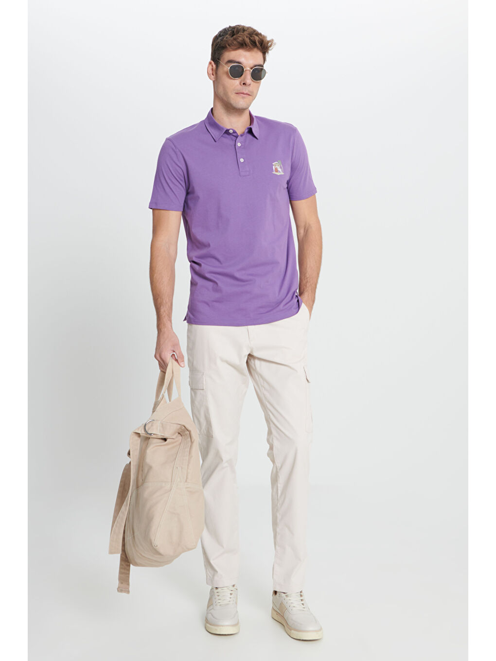 Erkek Mor Standart Fit Normal Kesim %100 Pamuk Yumuşak Dokulu Baskılı Polo Yaka Tişört-1