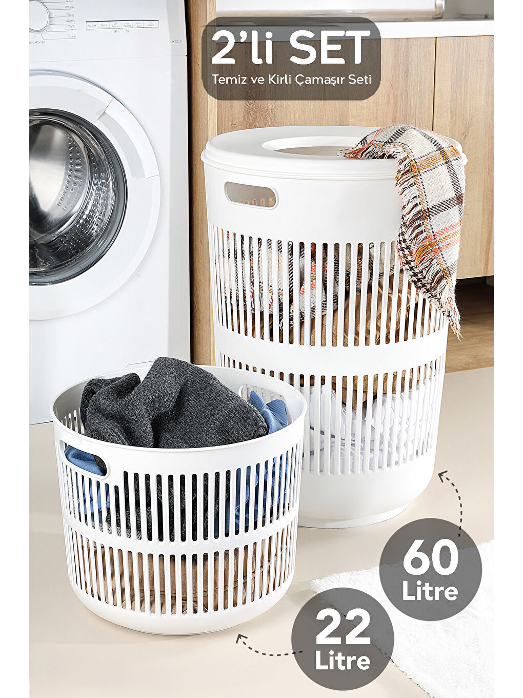 Beyaz 2'li Kirli Solara Çamaşır Sepeti Seti