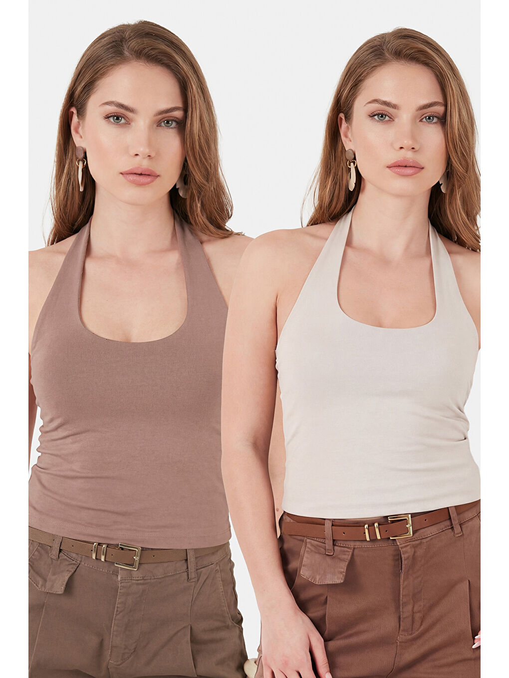 Kahverengi Slim Fit Halter Yaka Sırt Dekolteli İkili Paket Bluz 5866664