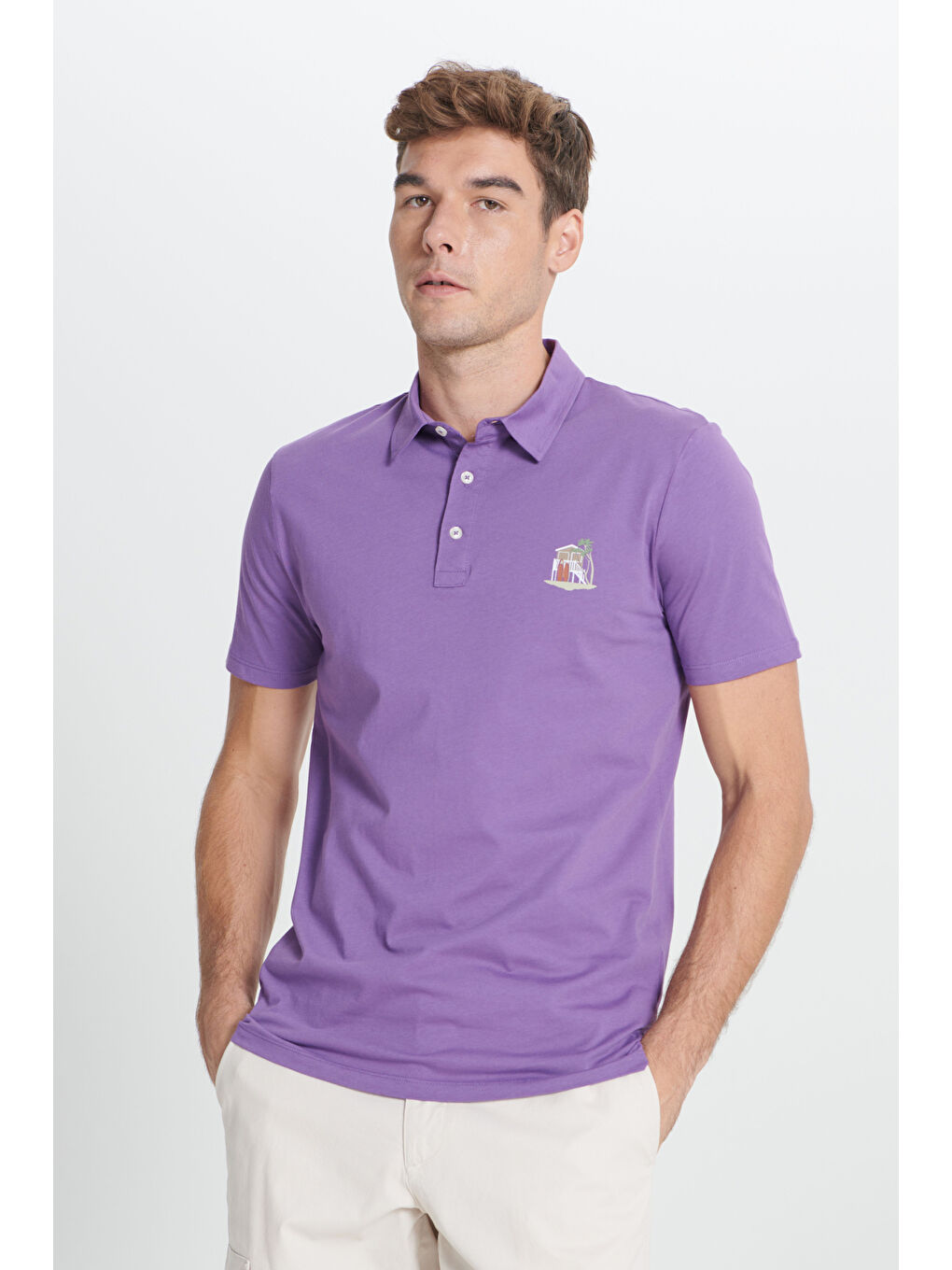 Erkek Mor Standart Fit Normal Kesim %100 Pamuk Yumuşak Dokulu Baskılı Polo Yaka Tişört-2