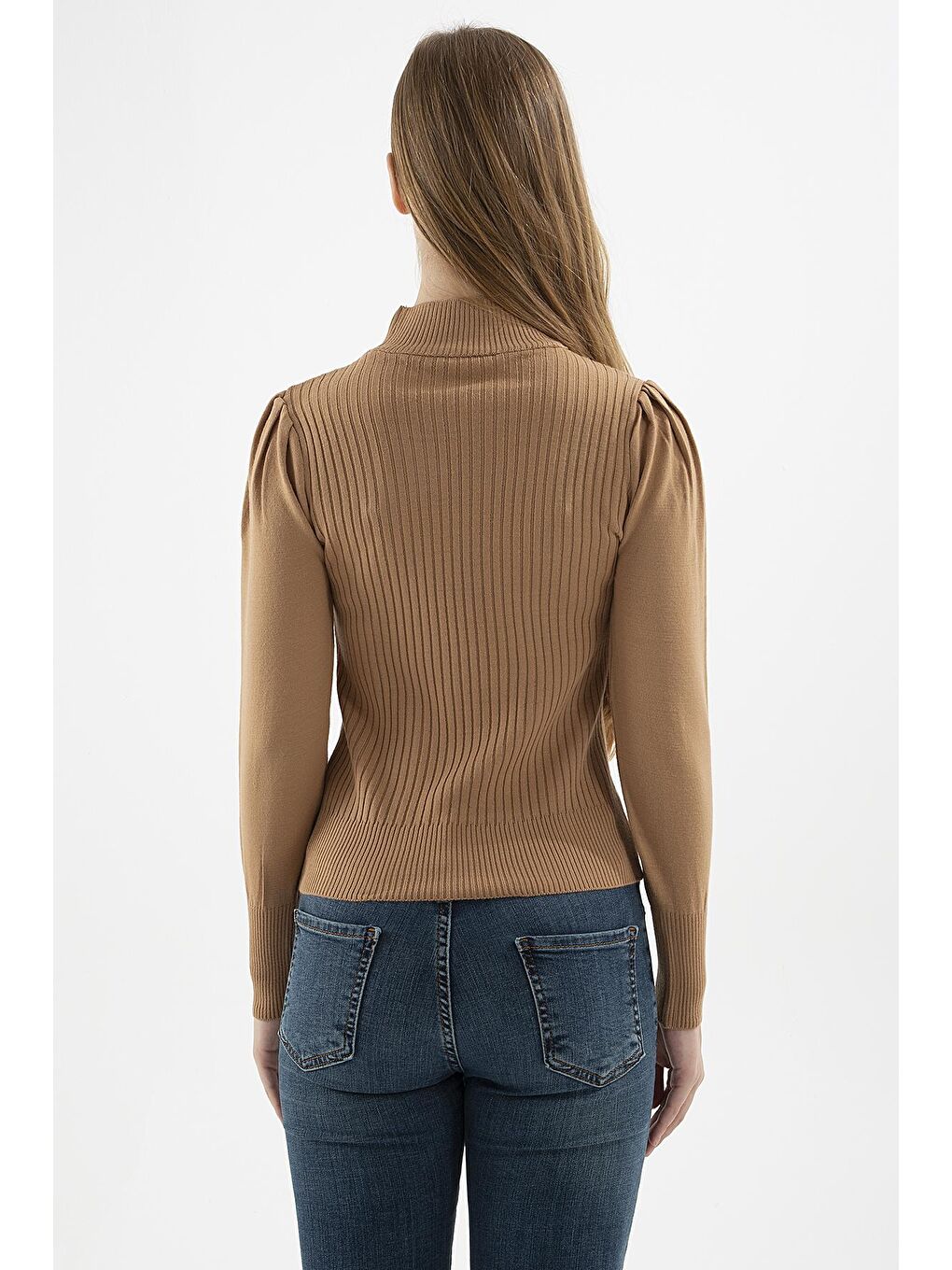 Fashion Friends Camel-Kahverengi Yarım Balıkçı Yaka Pencere Detaylı Fitilli Slim Fit Triko Kadın Kazak 23K0397K1 - 4