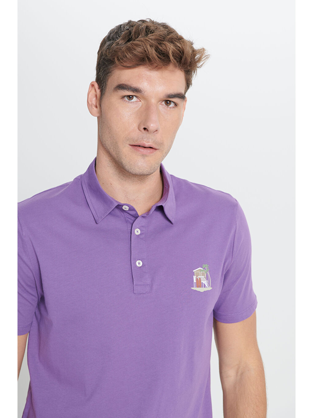 Erkek Mor Standart Fit Normal Kesim %100 Pamuk Yumuşak Dokulu Baskılı Polo Yaka Tişört-3