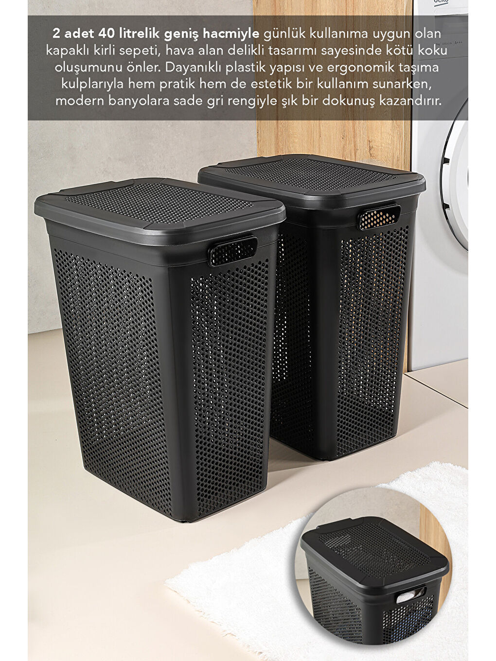 Siyah 2'li Kirli Çamaşır Sepeti Seti 40 l-1