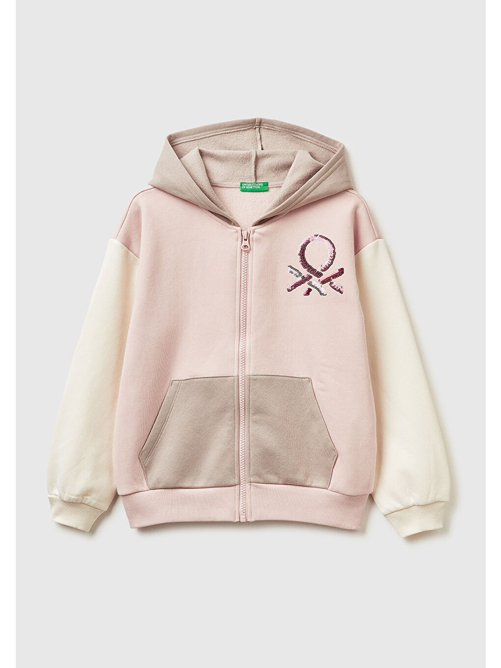 Ekru Kız Çocuk Krem-Pembe Önü Payetli Logolu Cepli Kapüşonlu Sweatshirt