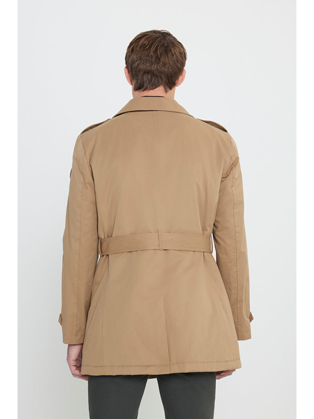 Erkek Bej Pamuklu Standart Fit Normal Kesim Gömlek Yaka Yan Cep Trençkot-5