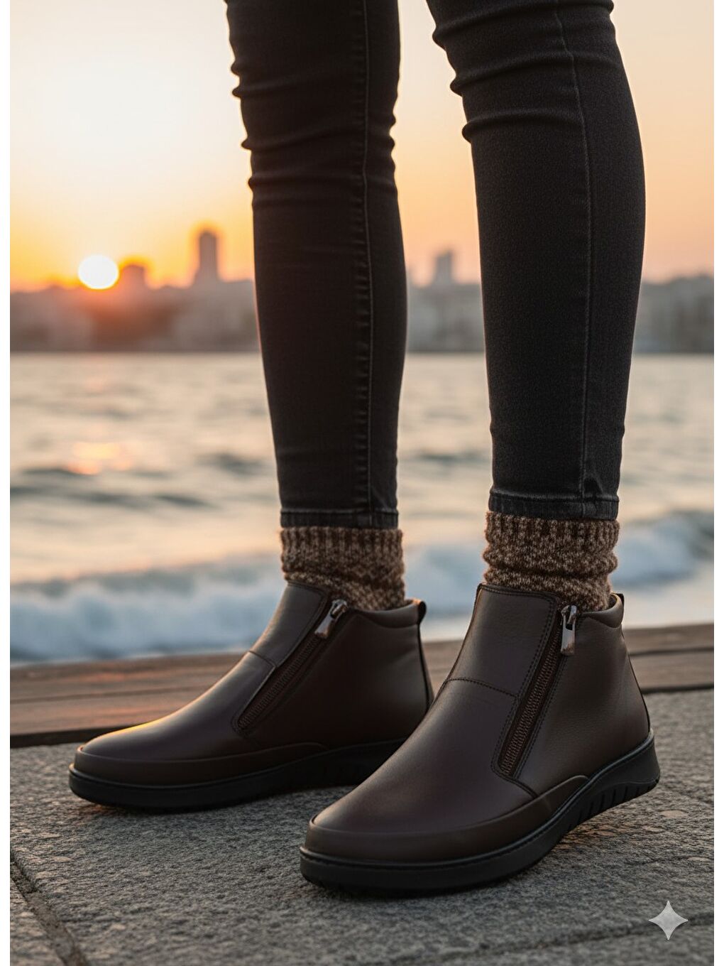 Kahverengi FENİKS Hakiki Deri Çift Fermuarlı Kadın Bot-6