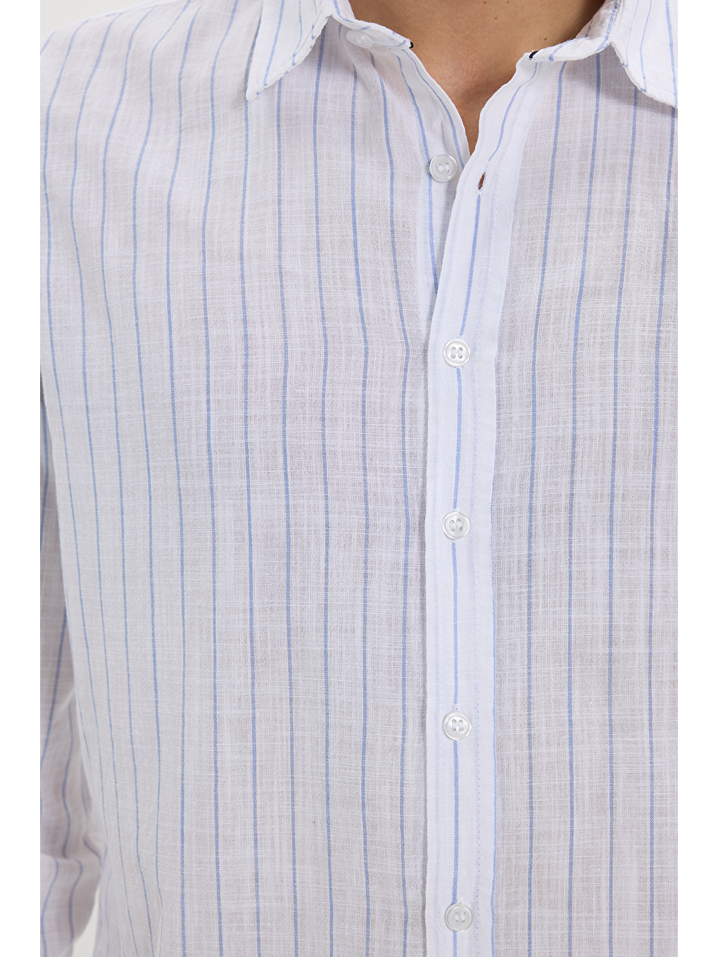 Mavi Erkek Slim Fit Dar Kesim Uzun Kollu %100 Pamuk Keten Doku Çizgili Gömlek-5
