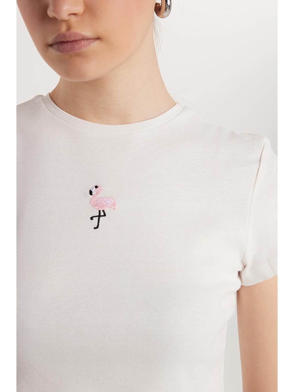 Kadın Slim Fit Dar Kesim %100 Pamuk Bisiklet Yaka Baskılı Beyaz Crop Tişört-2