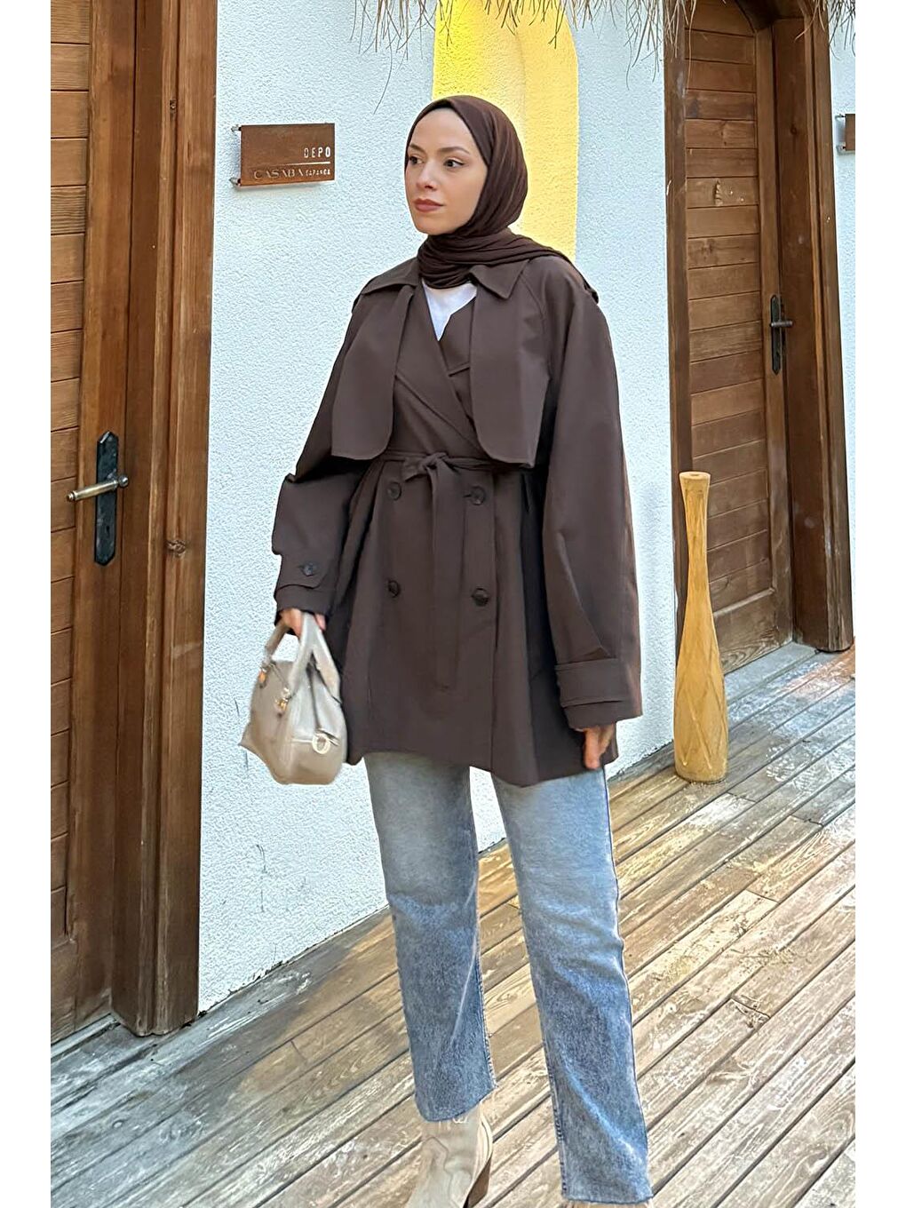 Omuz Apoletli Kısa Trençkot Acı Kahverengi-1