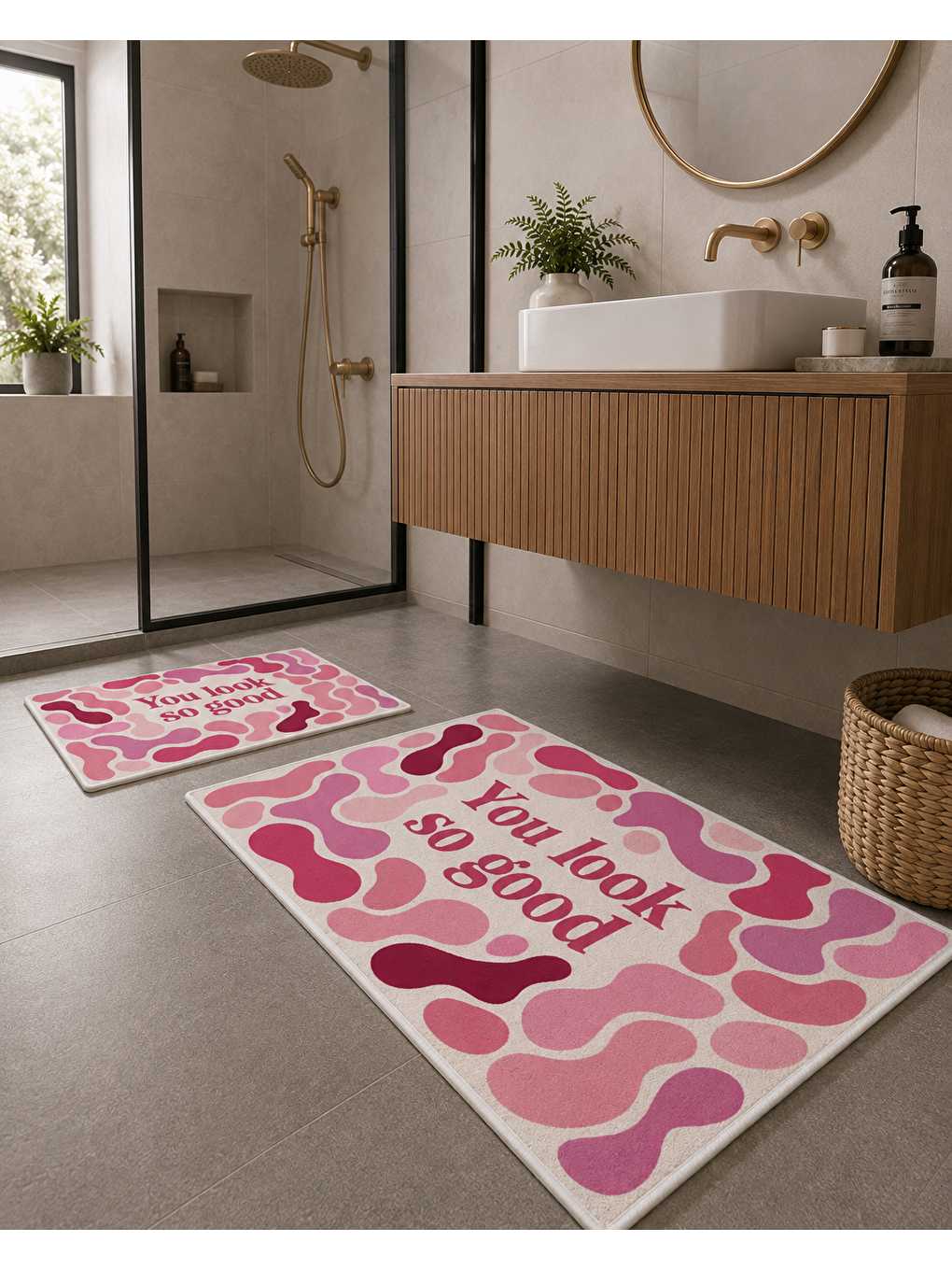 Pembe Beyaz Retro Dalga ve You Look So Good Yazılı Banyo Paspası Dot Taban Üstü Kadife-1