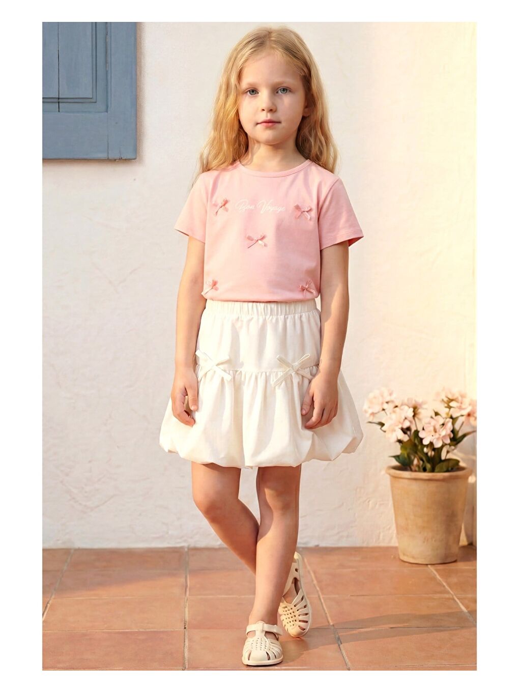 Kız Çocuk Pamuklu Pembe Tişört Etek Takım-1