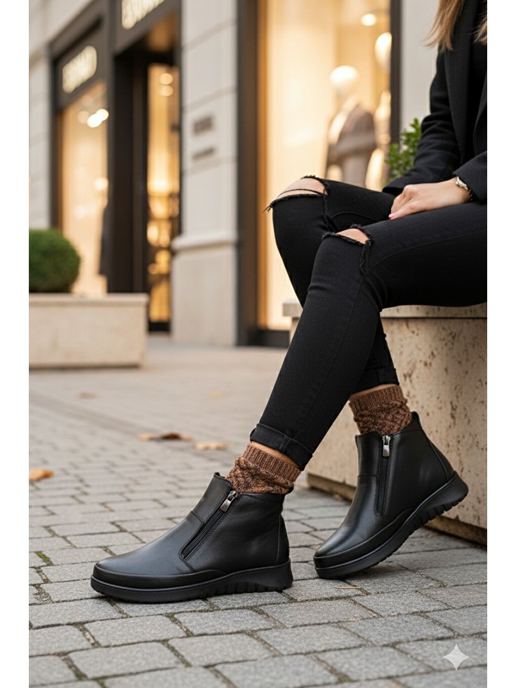Siyah FENİKS Hakiki Deri Çift Fermuarlı Kadın Bot-5