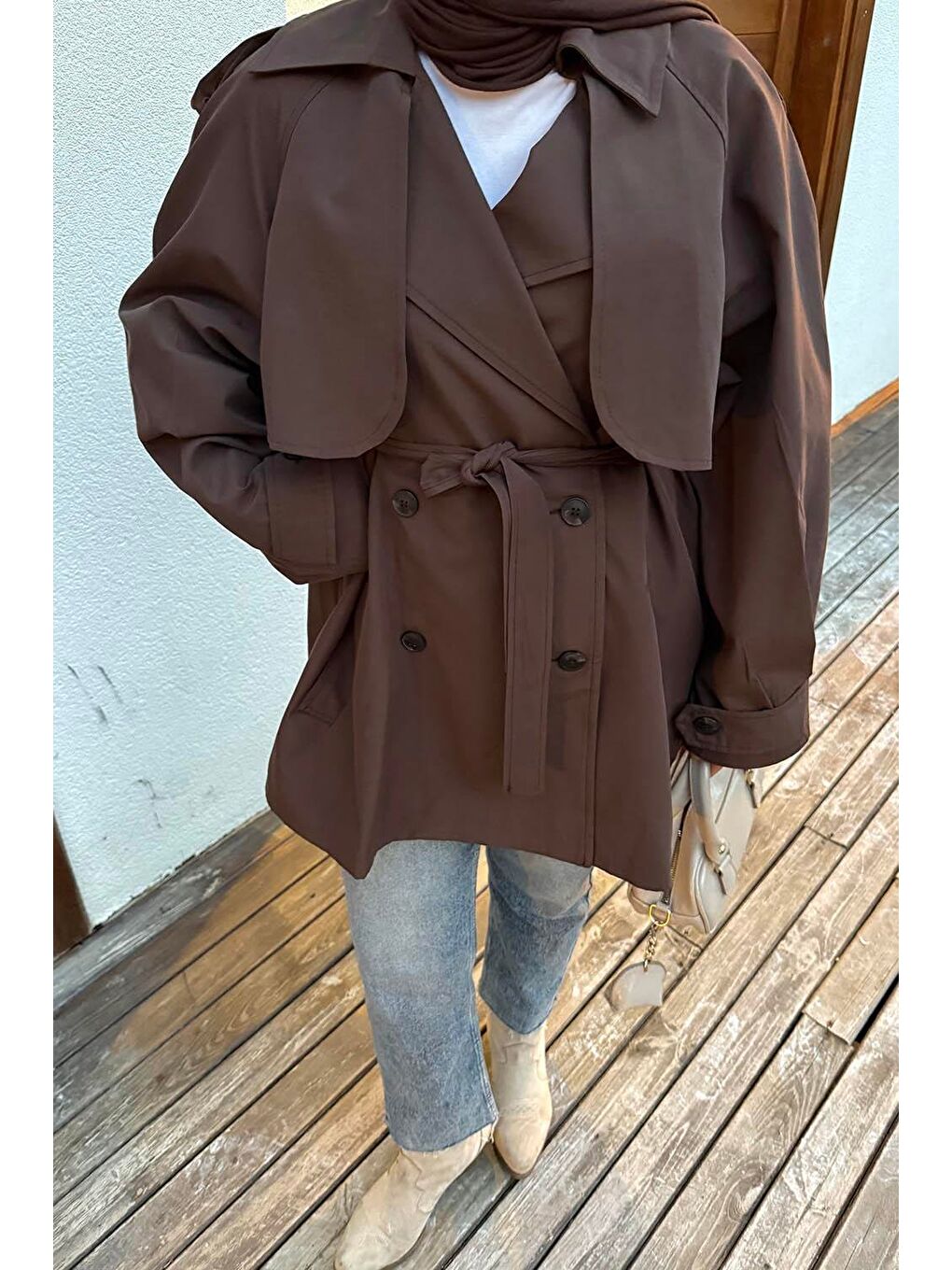 Omuz Apoletli Kısa Trençkot Acı Kahverengi-2