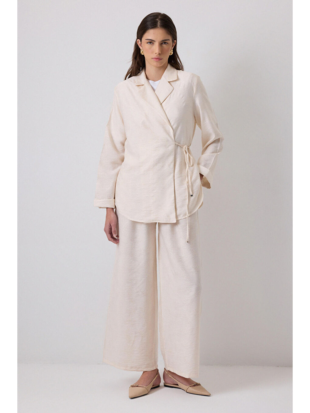 Ekru Jakarlı Kimono Pantolon Takım