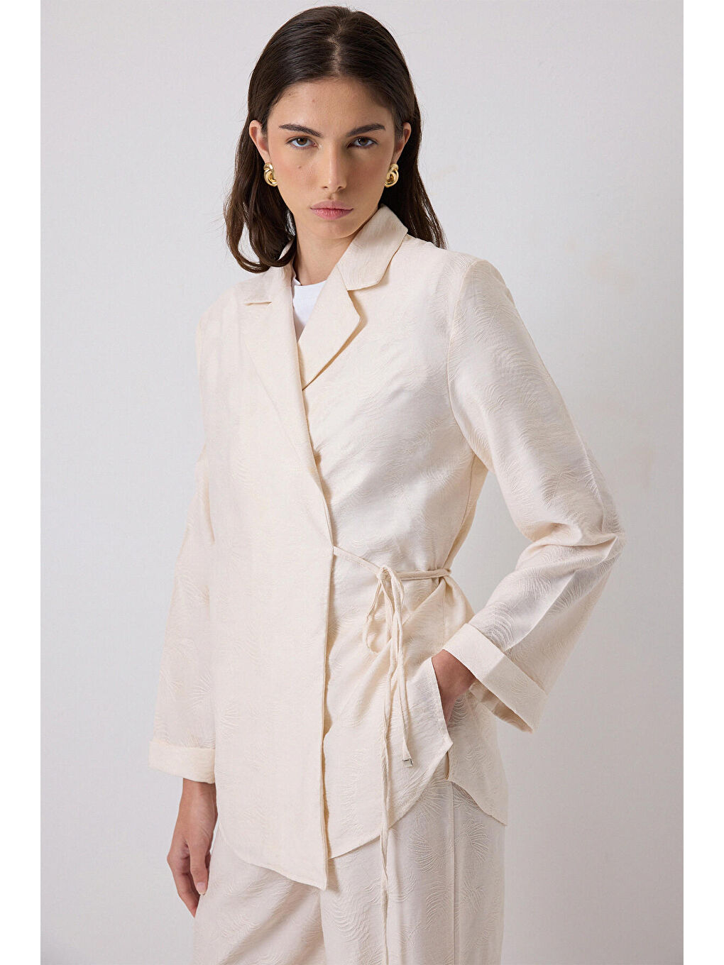 Ekru Jakarlı Kimono Pantolon Takım-1