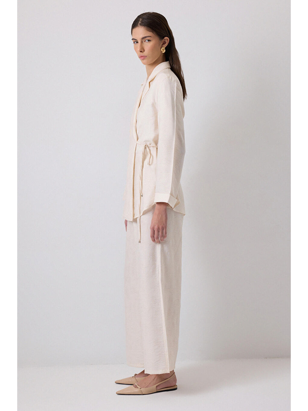 Ekru Jakarlı Kimono Pantolon Takım-2