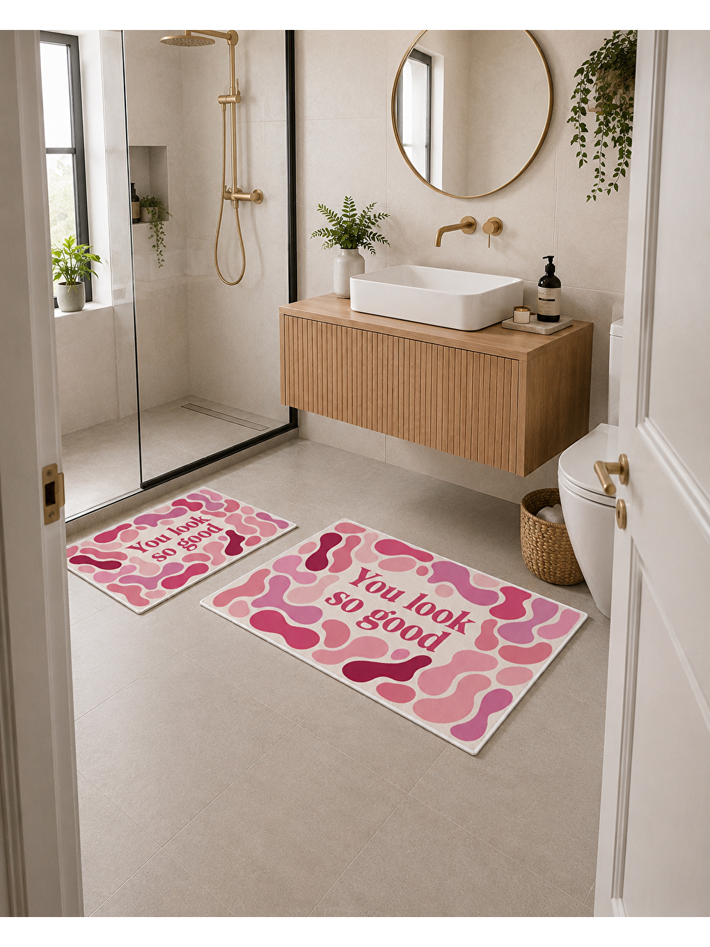 Pembe Beyaz Retro Dalga ve You Look So Good Yazılı Banyo Paspası Dot Taban Üstü Kadife-2