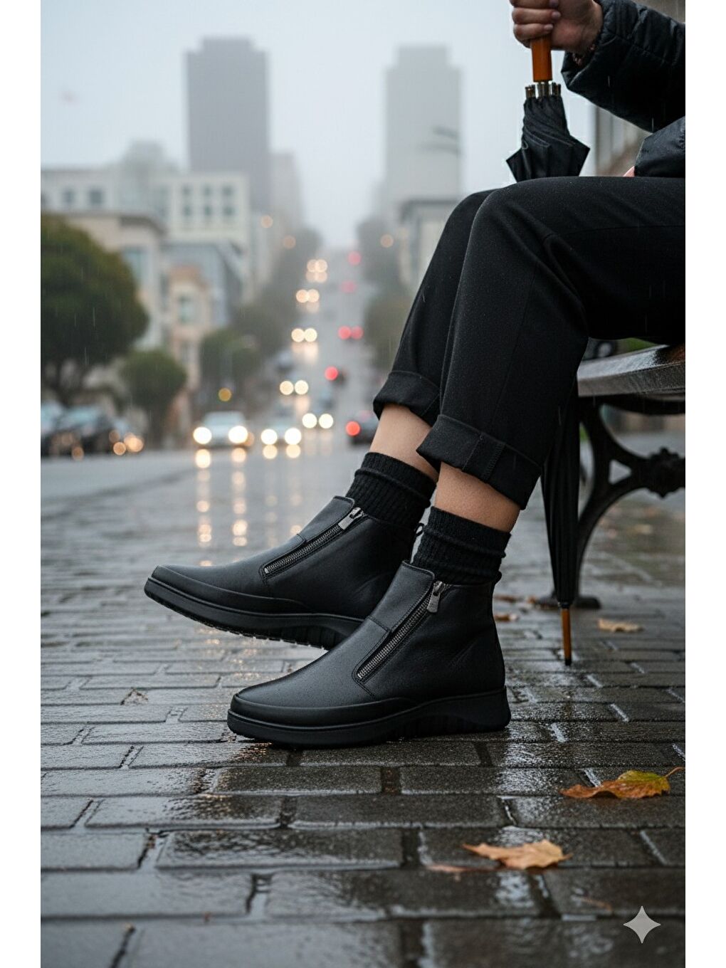 Siyah FENİKS Hakiki Deri Çift Fermuarlı Kadın Bot-6