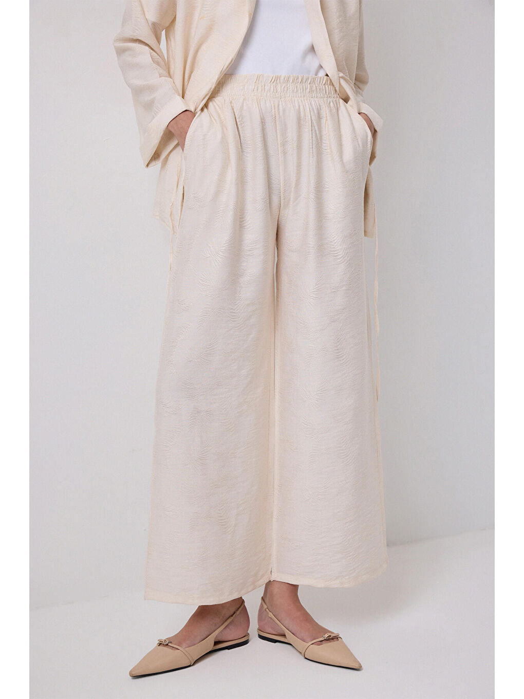 Ekru Jakarlı Kimono Pantolon Takım-4