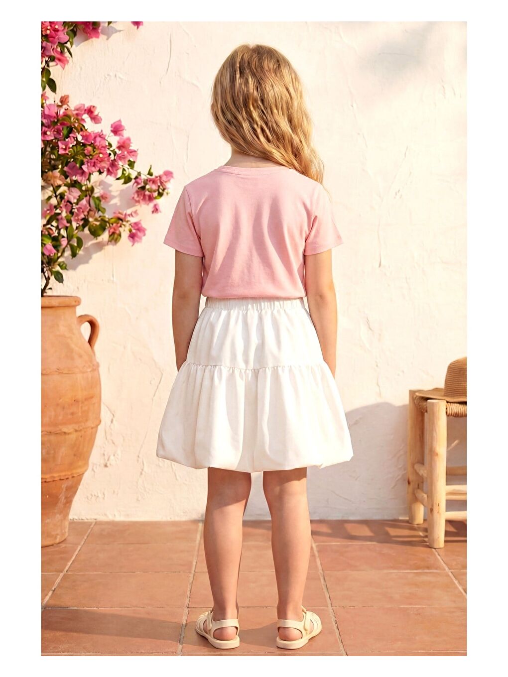 Kız Çocuk Pamuklu Pembe Tişört Etek Takım-3