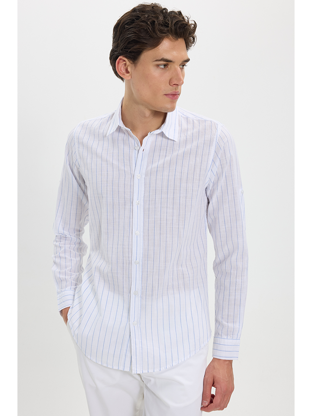 Mavi Erkek Slim Fit Dar Kesim Uzun Kollu %100 Pamuk Keten Doku Çizgili Gömlek-7